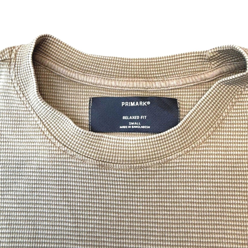 Primark T-Shirt Mens Small Tan Relaxed Fit Micro-Stripe Textured Waffle Knit Tee - Picture 3 of 6